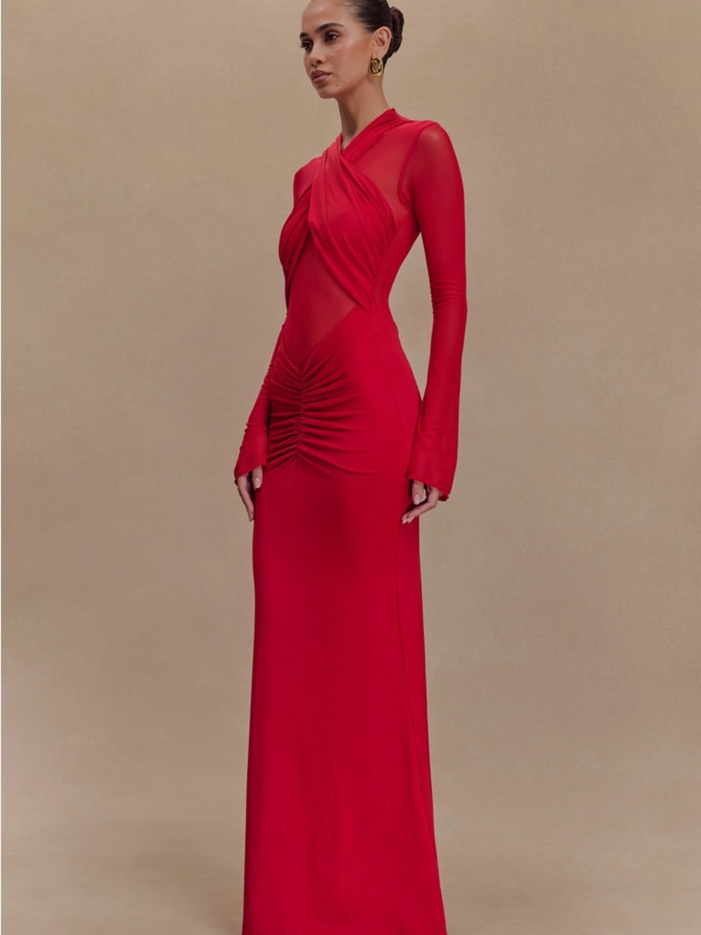 Meshki Ruby Red Long Sleeve Mesh Cutout Evening Dress